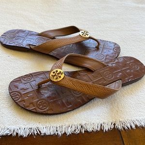 Tory Burch leather flip flops tan gold